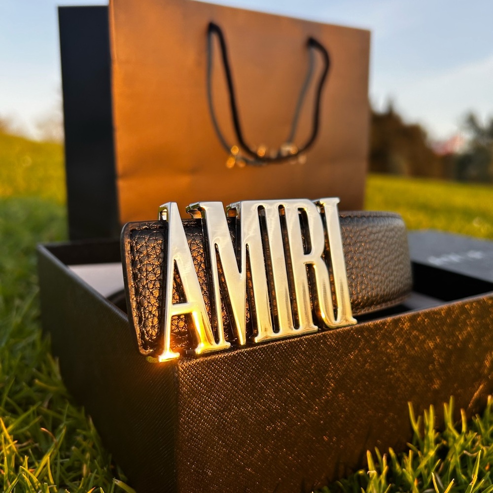 Amiri Black Leather Belt with Gold Logo Buckle